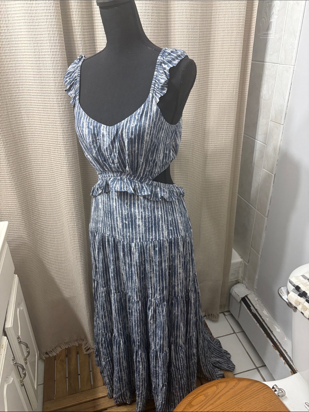 Storia Blue and white Cutout Ruffle Maxi Dress